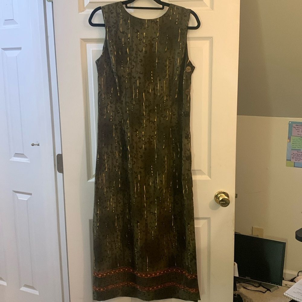 R&K ORIGINALS DRESS MAXI OLIVE GREEN/GOLD CHEETAH PRINT SLEEVELESS SZ 12